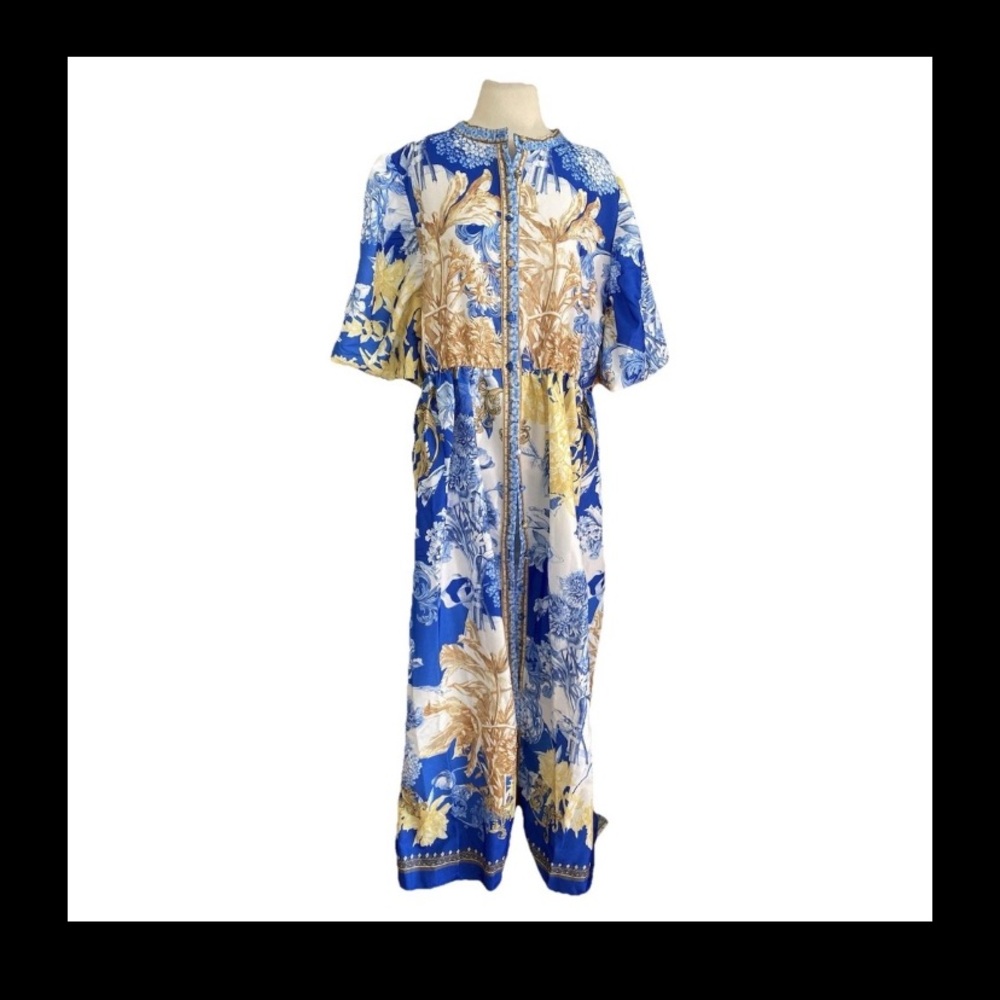 New BILLY J Womens Size XXXL Claudelle Maxi Blue/Yellow Dress Cottagecore Silk‎